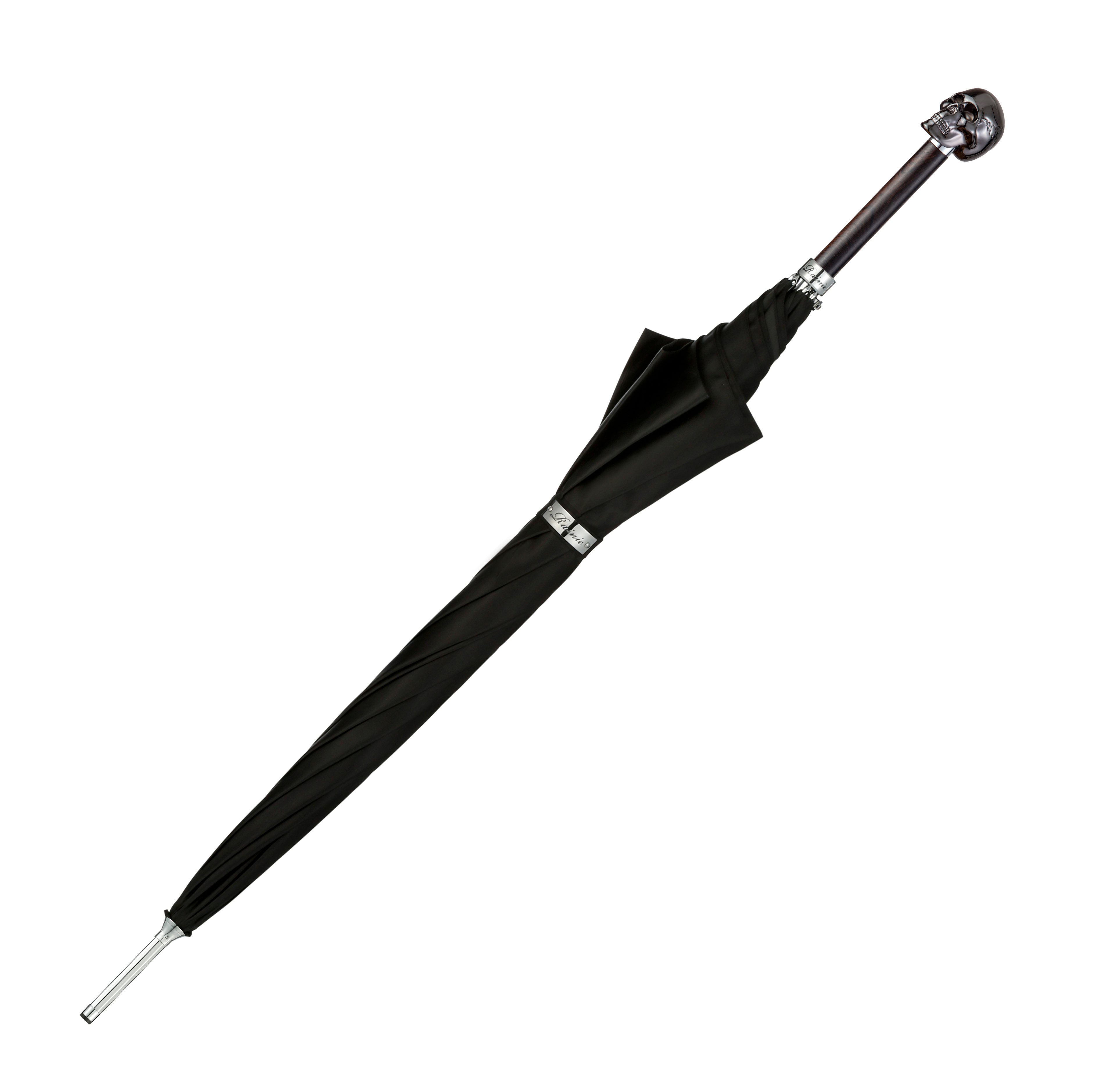 It's raining black-looking up skull-umbrella with long handle