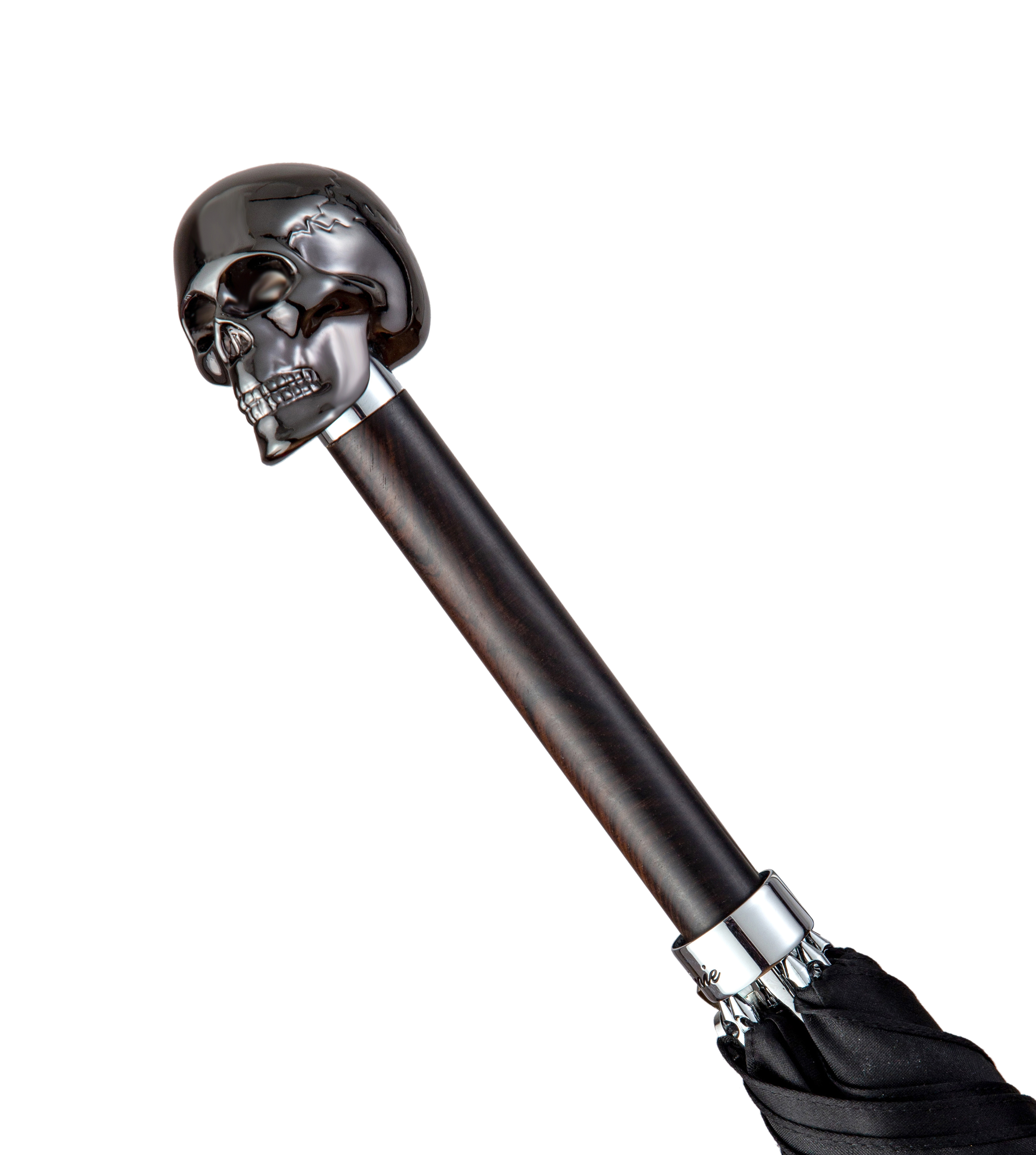 It's raining black-looking up skull-umbrella with long handle