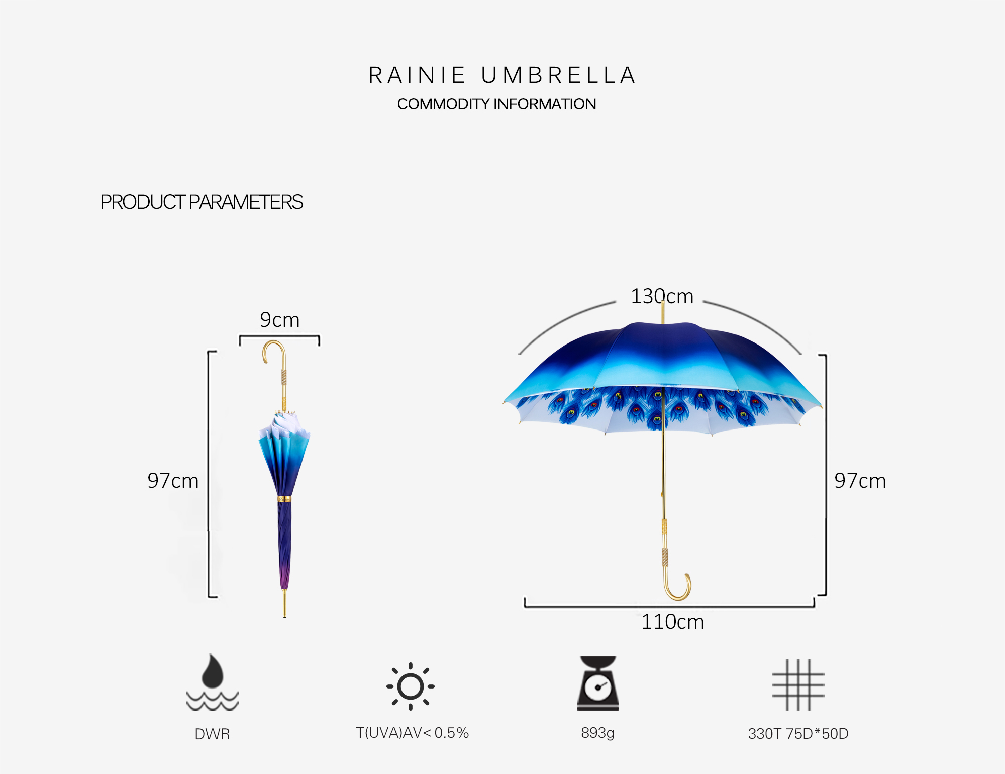 Duck beak smooth 3 rings carved blue peacock double long handle umbrella