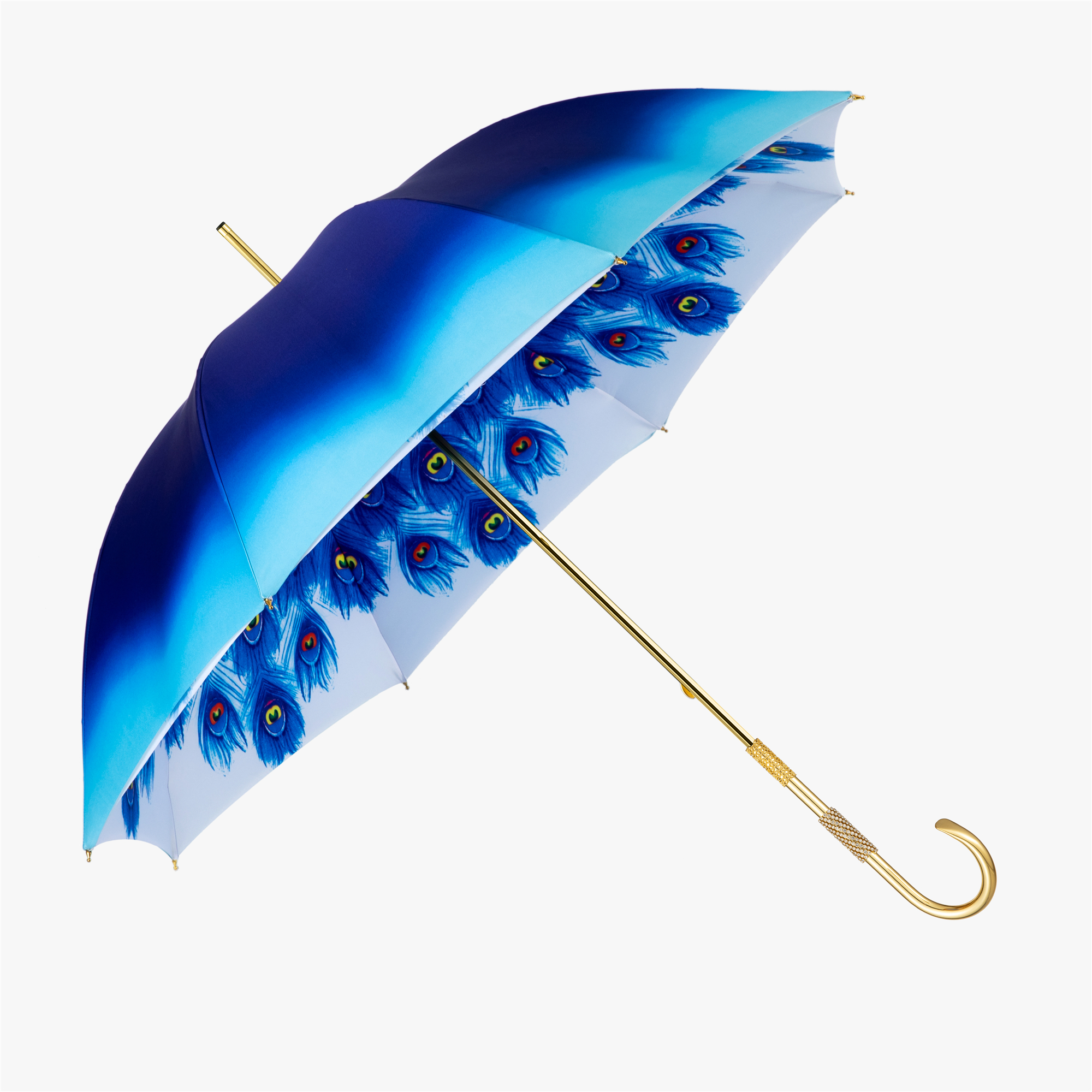 Duck beak smooth 3 rings carved blue peacock double long handle umbrella