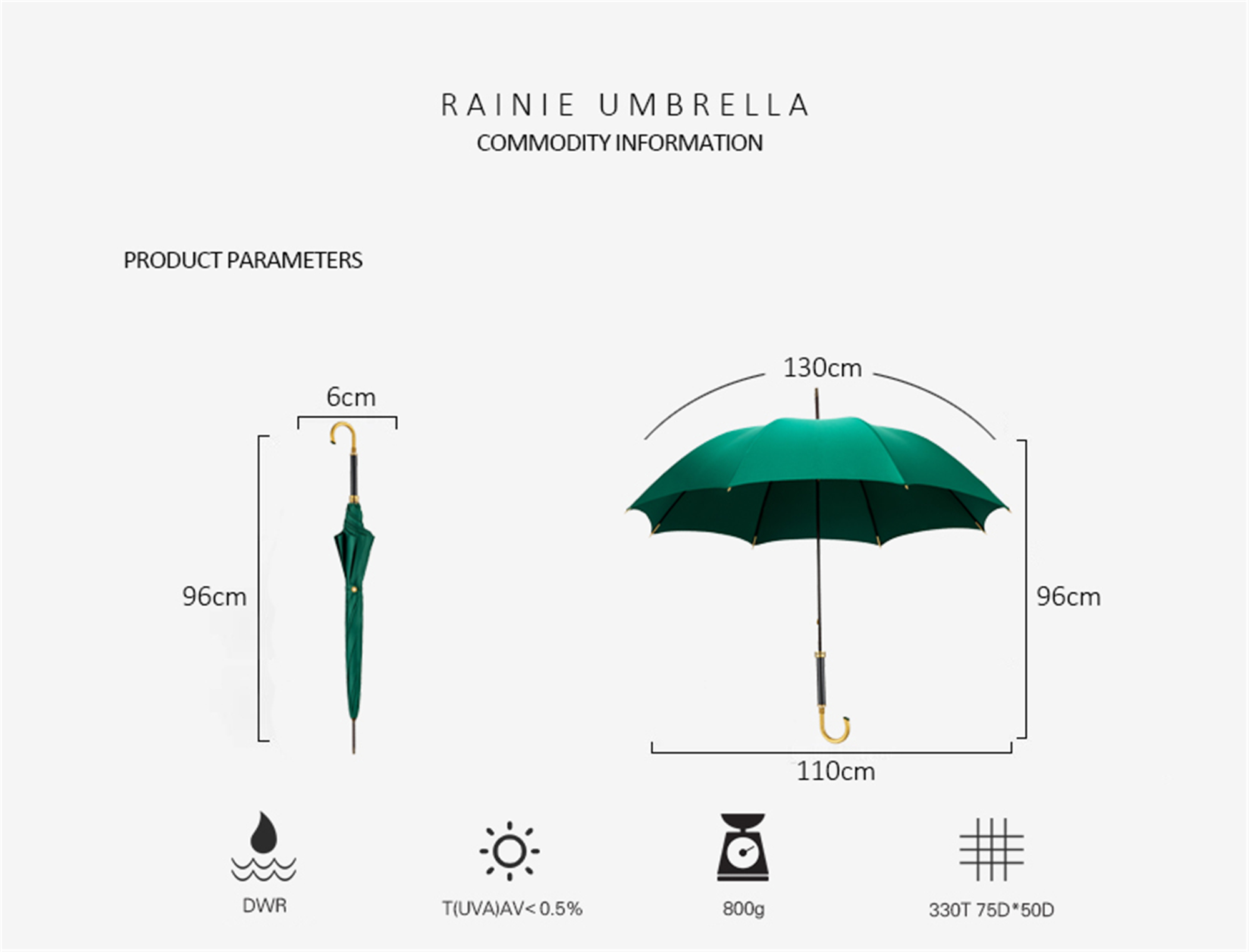 Long umbrella with metal wooden handle