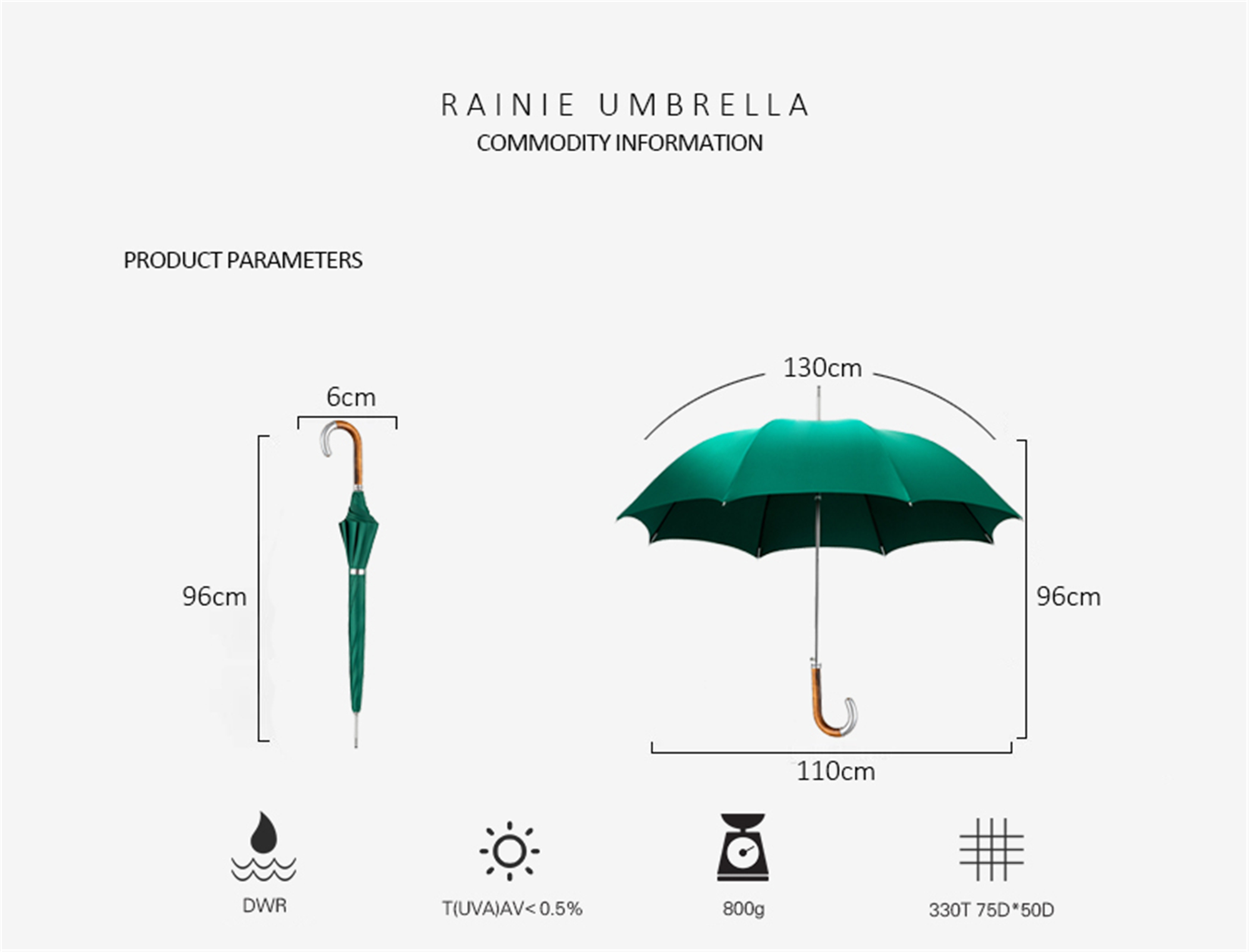 Metal curved wood umbrella with straight handle