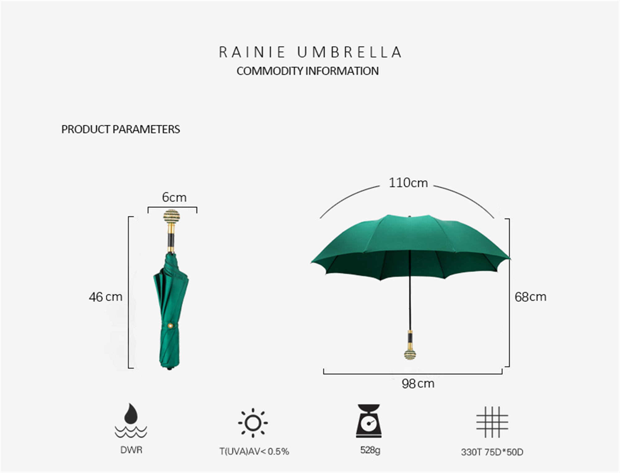 Two fold white and green drill round Ball Folding umbrella